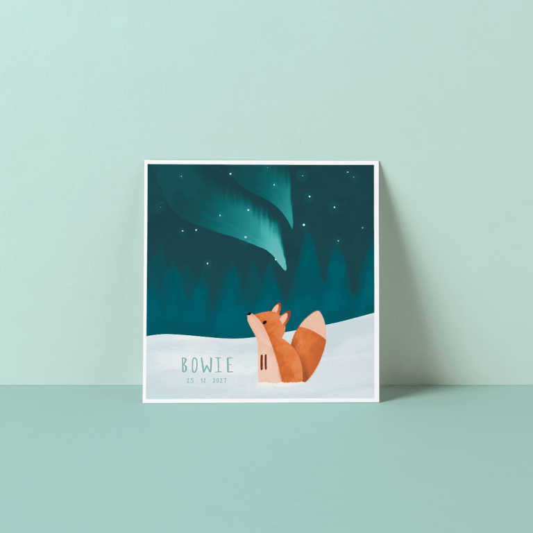 Geboortekaartje vosje onder het noorderlicht, Geboortekaartjes dieren, Geboortekaartje jongen, Geboortekaartje meisje, Geboortekaartje vos, Geboortekaartje winter, Unisex geboortekaartje