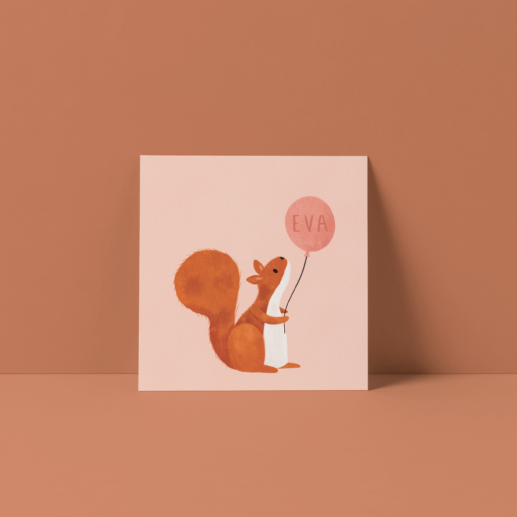 Geboortekaartje eekhoorn met ballon, Geboortekaartjes dieren, Geboortekaartje meisje