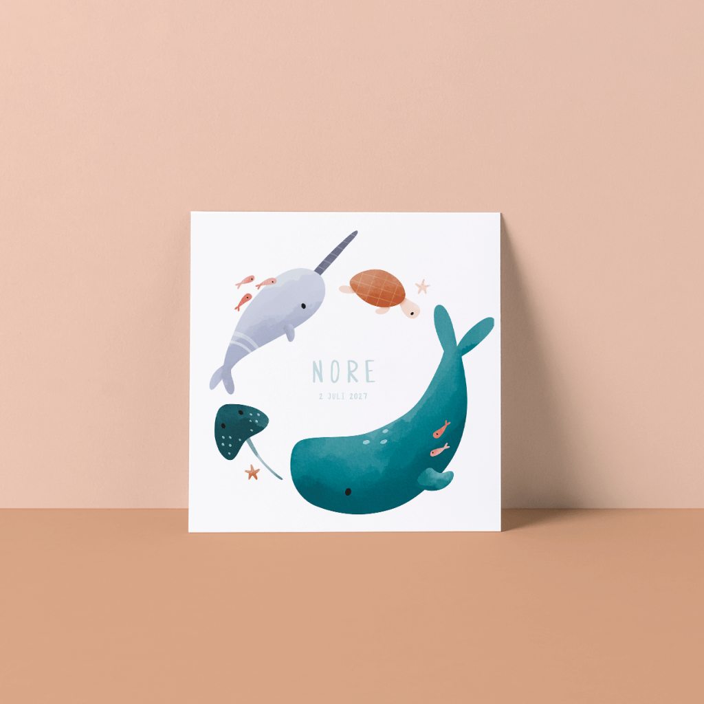Geboortekaartje oceaan dieren, Geboortekaartjes dieren, Geboortekaartje jongen, Geboortekaartje meisje, Geboortekaartje walvis, Geboortekaartje zomer, Unisex geboortekaartje