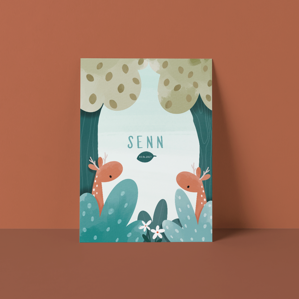 Geboortekaartjes hertjes tussen de bomen, Geboortekaartjes dieren, Geboortekaartje hert, Geboortekaartje jongen, Geboortekaartje lente, Geboortekaartje zomer